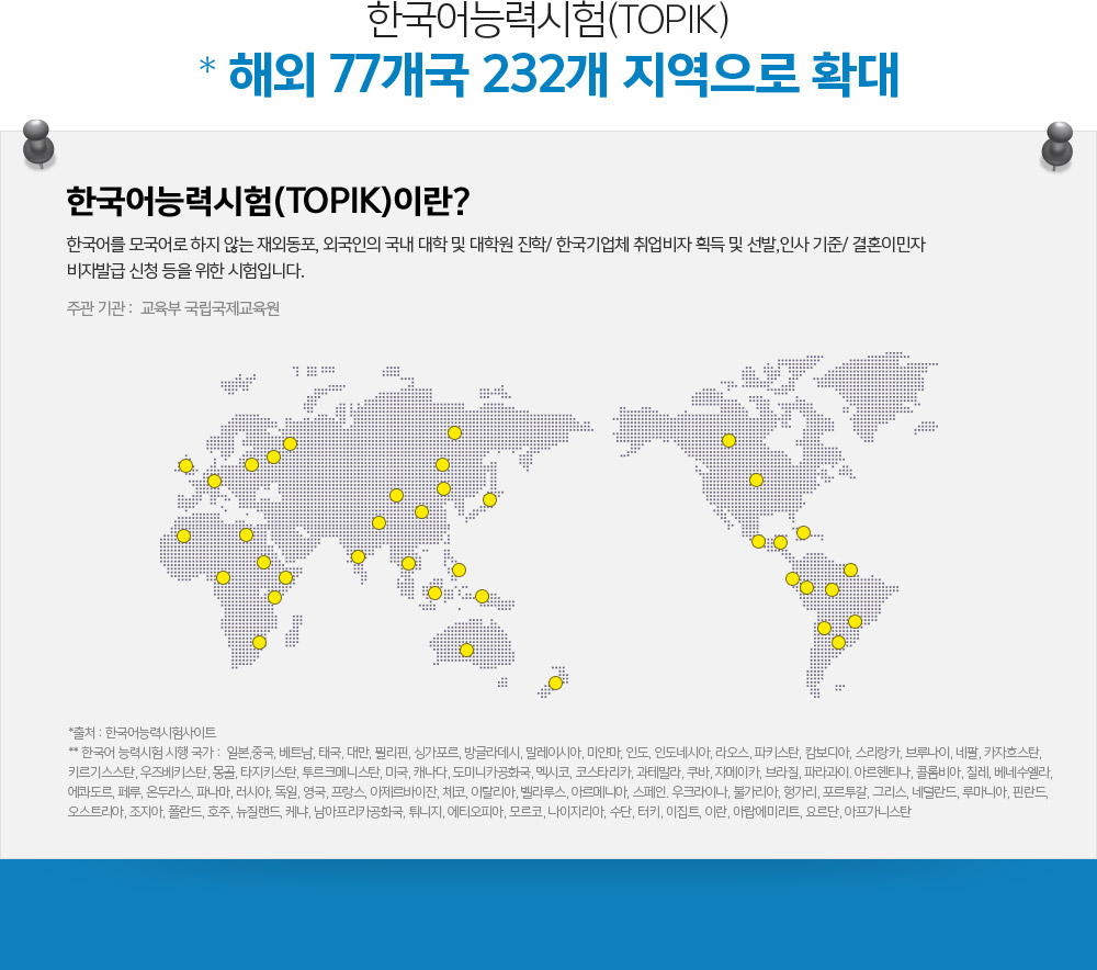 한국어능력시험(TOPIK) *해외 77개국 232개 지역으로 확대